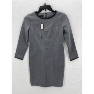 Talbots Dress Womens 2P Gray Black Faux Leather‎ Trim Sheath Stretch Career NWT